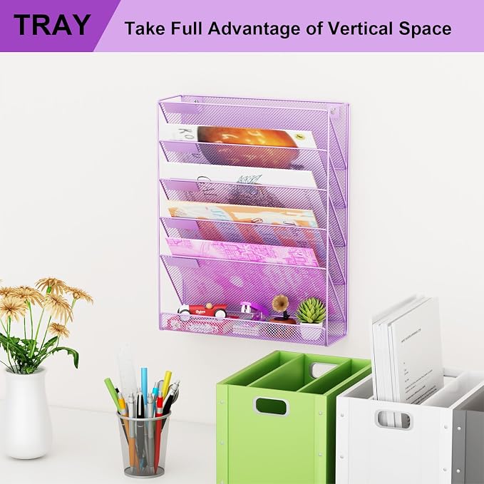 Wall File Organizer Holder Mesh Hanging Paper Document Holder, Vertical 6 Pocket Tier for Office Home, Light Purple - Image 7