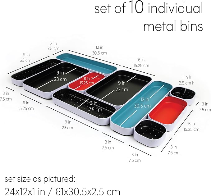 Three by Three Seattle Metal Drawer Organizer Tray Set, 10-Pc, 1" (Multi) | Colorful food-safe metal bins; soft non-scratch base; organize utensils, makeup & supplies across every room - Image 5
