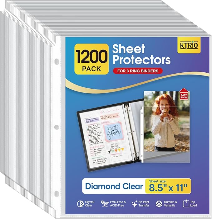 KTRIO Sheet Protectors for 3 Ring Binder 1200 Pack Plastic Sleeves 8.5 x 11 | Clear Page Protectors, Acid-Free Plastic, Fits Letter Size Paper Documents, Top Loading, Business Office School Supplies by KTRIO