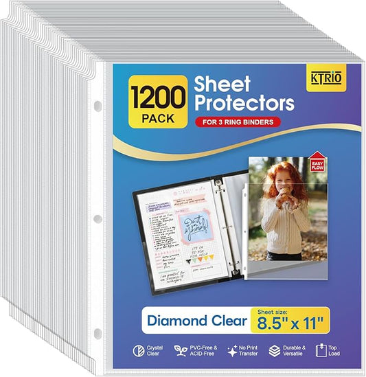 KTRIO Sheet Protectors for 3 Ring Binder 1200 Pack Plastic Sleeves 8.5 x 11 | Clear Page Protectors, Acid-Free Plastic, Fits Letter Size Paper Documents, Top Loading, Business Office School Supplies by KTRIO