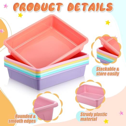 Affrolling 6 Pack Letter Size Flat Storage Tray, Stackable Plastic Organizer Bins for Classroom, Turn in Paper Tray Art Supply Baskets for Home School Office Teacher Desk Organization (Pastel Colors) - Image 3