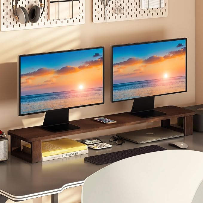 Ufine Dual Monitor Stand Riser 39.3 Inch Wood Desk Shelf Desktop Organizer | 2 Heights Adjustable, Ergonomic Computer Monitor Stand for 2 Monitors, Laptop, TV, Printer - Image 7