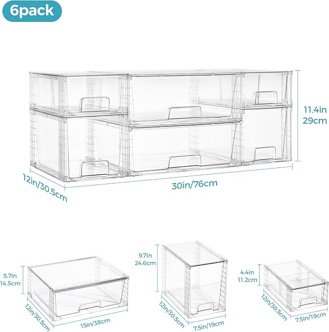 Vtopmart 6 Pack Clear Stackable Storage Drawers,Easy to Assemble Pantry Organizers and Storage with handles,Plastic Drawers for Kitchen Pantry,Cabinet,Under Sink Organization - Image 2