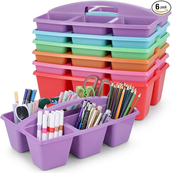 6 Pack Assorted Colors 6 Compartment Classroom Caddy with Handle Portable Plastic Storage Classroom Caddies Organizer for Classrooms Supply Teacher Office Table Desk(Rainbow) by Yakydesign