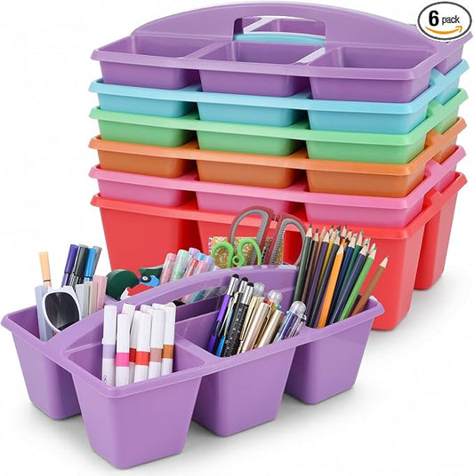 6 Pack Assorted Colors 6 Compartment Classroom Caddy with Handle Portable Plastic Storage Classroom Caddies Organizer for Classrooms Supply Teacher Office Table Desk(Rainbow) by Yakydesign