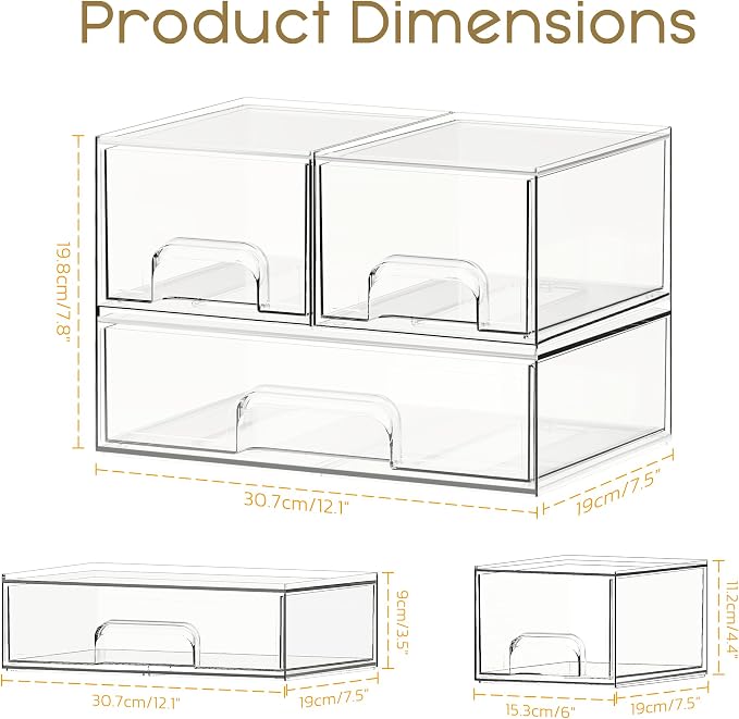 Stackable Storage Drawers, 3 Pack Clear Acrylic Makeup & Bathroom Organizer, Versatile Storage Bins for Vanity, Under Sink, Kitchen Cabinets & Pantry - Image 2