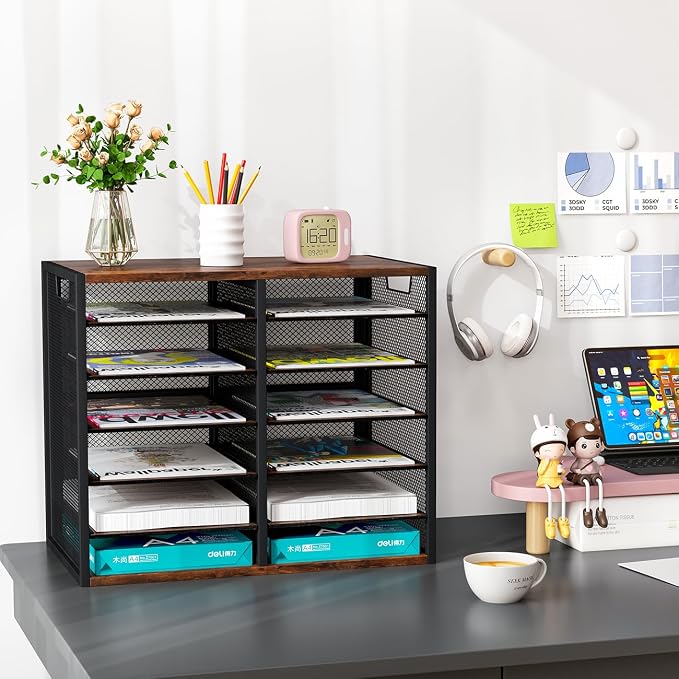 PAG Mass Mail Sorter - Adjustable Mail Holder, Countertop Literature Organizer, Student Mailbox for Classroom, Desktop Bill Paper Organizer for Office Home School, 12 Compartments, Brown - Image 6