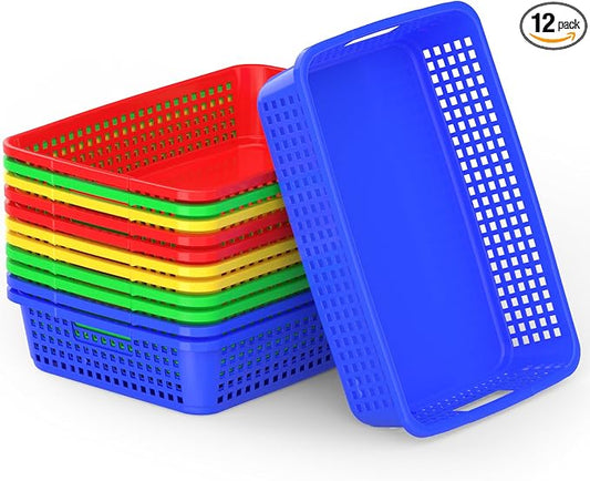 12 Pack Classroom Storage Baskets 15''x10''x3'' Large Plastic Paper Trays with Handle Letter Size A4 Paper Toy Basket Turn in Trays for Library Office Desk Drawer Organizing (12, Bright Color) by BeapTcely