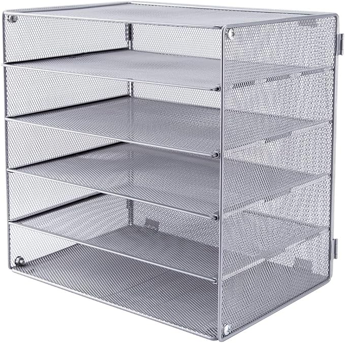 5 Slot Mesh Desk Organizer Tray, File Paper Letter Folder Holder Desktop Paper Sorter Mail Organization Rack Storage Accessories, for Office Home School Classroom, Silver by EASEPRES