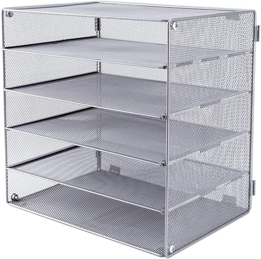 5 Slot Mesh Desk Organizer Tray, File Paper Letter Folder Holder Desktop Paper Sorter Mail Organization Rack Storage Accessories, for Office Home School Classroom, Silver by EASEPRES
