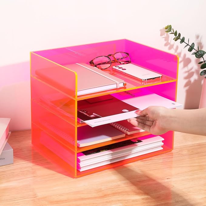 Gelite Acrylic File Organizer for Desk 4 Tiered Stackable Letter Tray Office Paper Storage Desktop Document Sorter, Neon Pink - Image 4