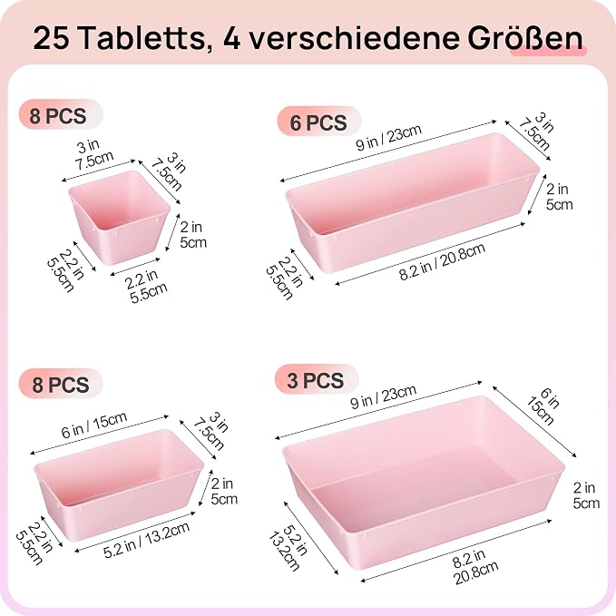 Vtopmart 25 Pack Plastic Drawer Organizers with Non-slip Rubber Pads | 4-Size Versatile Makeup Organizer, Storage Containers Small Bins for Makeup, Jewelries, Bedroom, Kitchen Utensils and Office - Image 2