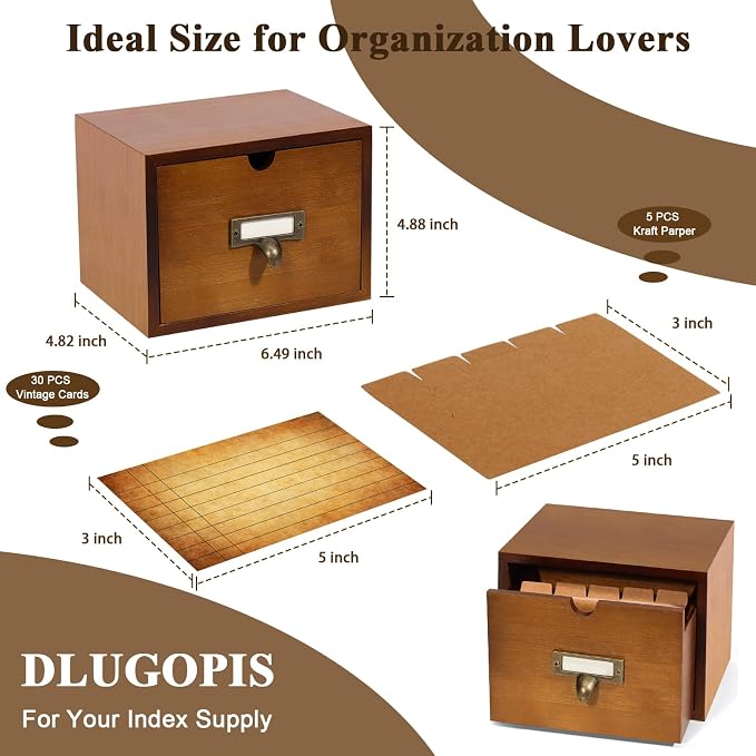 3x5 Index Cards Holder Wood Index Card Organizer Box Flash Card Holder Recipe Cards Holder with Drawer 30 Pcs Vintage Library Cards 5 Kraft Dividers For Gifts Cards Home Office - Image 2