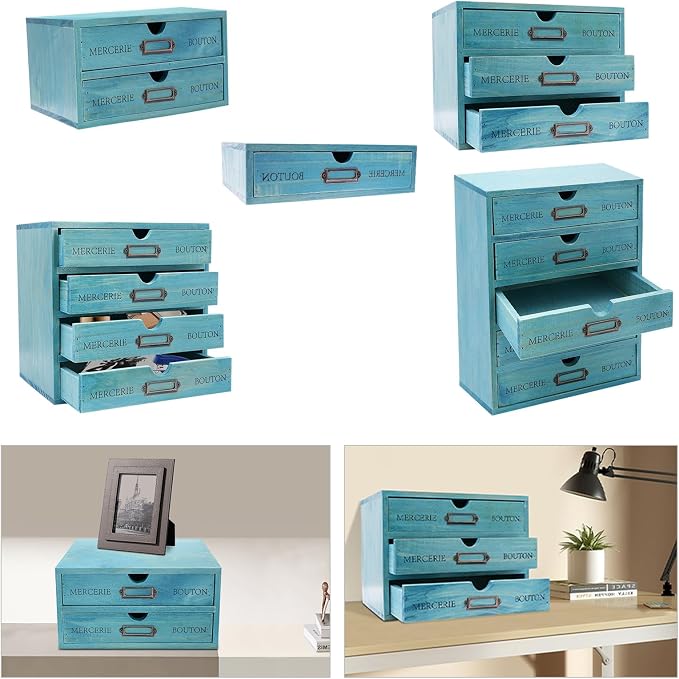 Wooden Desktop Organizer, 5PCS Retro Storage Cabinet Box with Drawers, Mini Tabletop Craft Box Cosmetic Storage Drawer, Portable Desk Letter Mail Sorter for Office Home (Blue) - Image 5