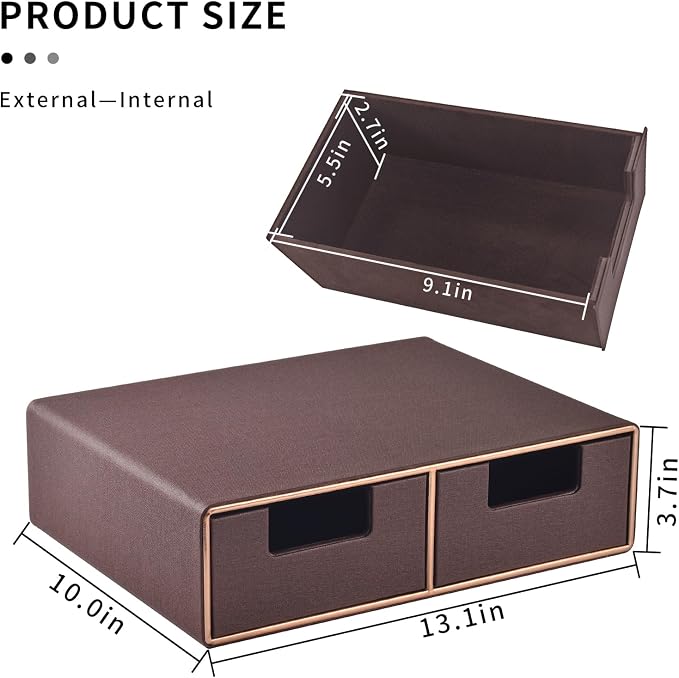 Linen Leather Desk Organizer and monitor stand with Drawers－Mini Desktop Drawer Organizer Stackable－Tabletop Organization Storage Box for Office Supplies Home Vanity Toiletries (Brown, 2-drawers) - Image 3