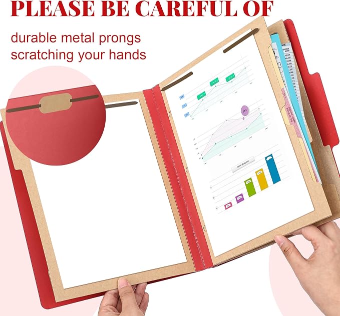 Skyygemm 12 Pcs Classification Folders 3 Pocket Dividers Letter Size Employee File Folder with 2 Prong Fasteners 2 in Expansion Pressboard Medical Document Organizers Bulk for School Office(Red) - Image 3