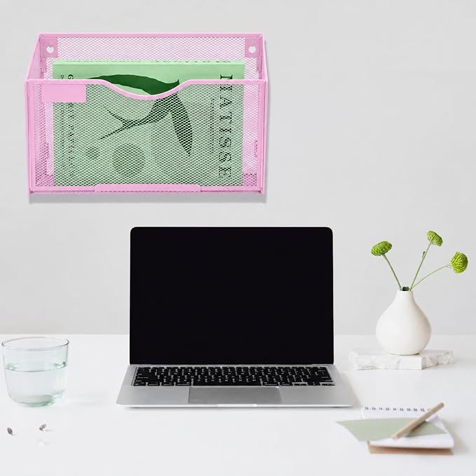 1 Pocket Mesh Wall File Holder Organizer Office Hanging File Folder Magazine Rack, Nametag Label Hooks Set Included (Pink) - Image 7