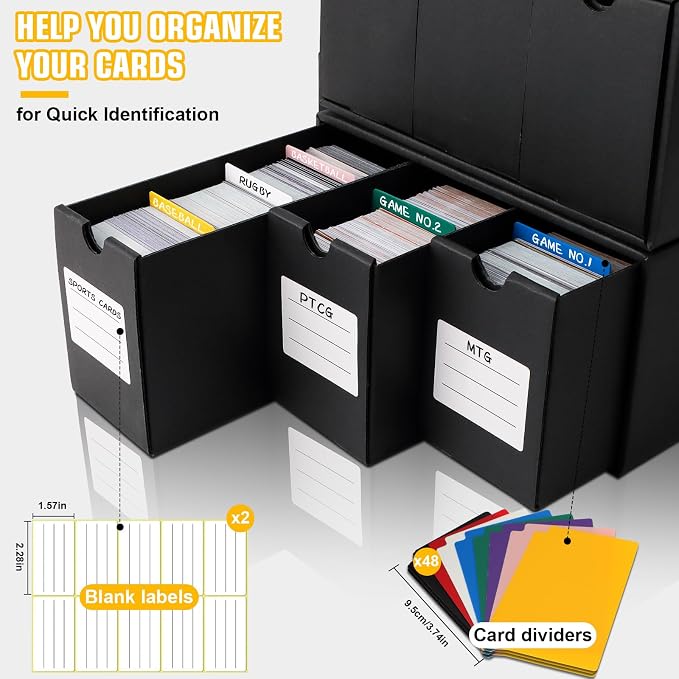 Trading Card Storage Box, Includes 9-600 CT Boxes & 48 Card Dividers, 9000+ Trading Card Organizer for Collectible Card Games, for TCG, YGO, MTG, PTCG, Baseball Cards, with Labels & Tapes - Image 4