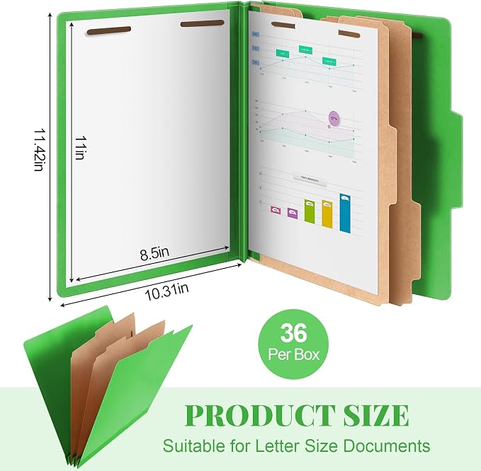 Skyygemm 36 Pcs Classification Folders Letter Size, 2 Divider Pressboard File Folders with 3. 5 Inch Expansion, 2 Prongs Fastener, Heavy Duty Office File Organizers for Teachers, Medical (Green) - Image 2