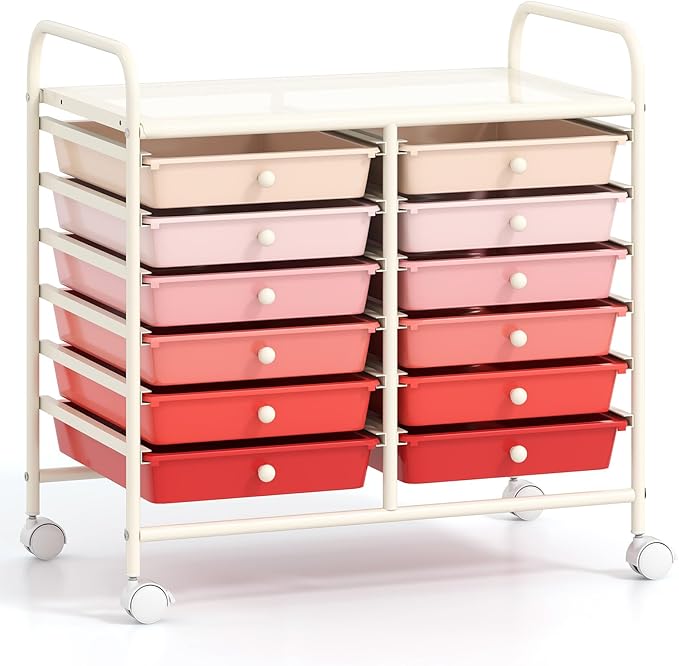 GOFLAME 12-Drawer Rolling Storage Cart, Multifunctional Art Craft Organizer Cart, Mobile Utility Storage Cart with Removable Drawers & Lockable Wheels, Craft Cart for Home Office School, Pink Gradient by GOFLAME