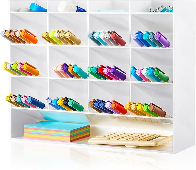 MotiMind Acrylic Pen Organizer Storage for 200 Markers Vertical Marker Organizer Acrylic Pen Display Holder for Office Desk Desktop Stationery Pencil Storage, White, 13 x 4 x 10.2 Inch by MotiMind