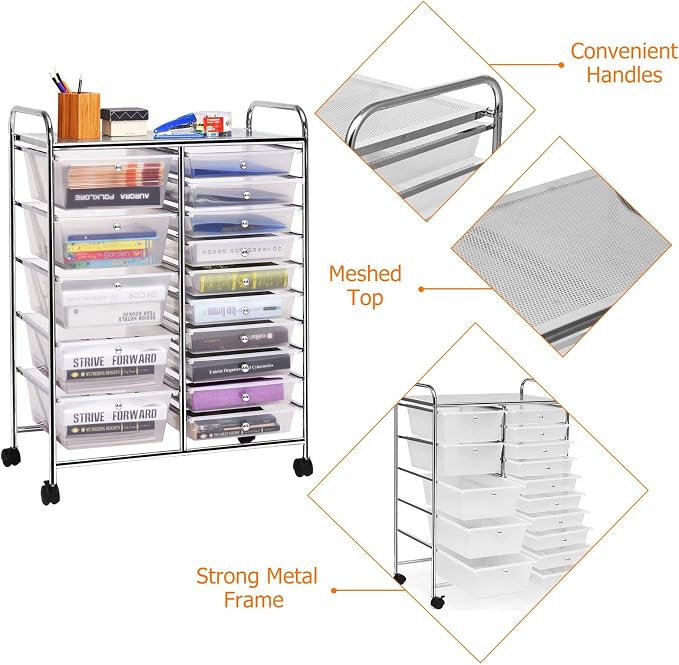 COSTWAY 15 Drawer Rolling Storage Cart, Mobile Utility Cart with Lockable Wheels, Drawers, Multipurpose Organizer Cart for Home, Office, School, Clear - Image 6