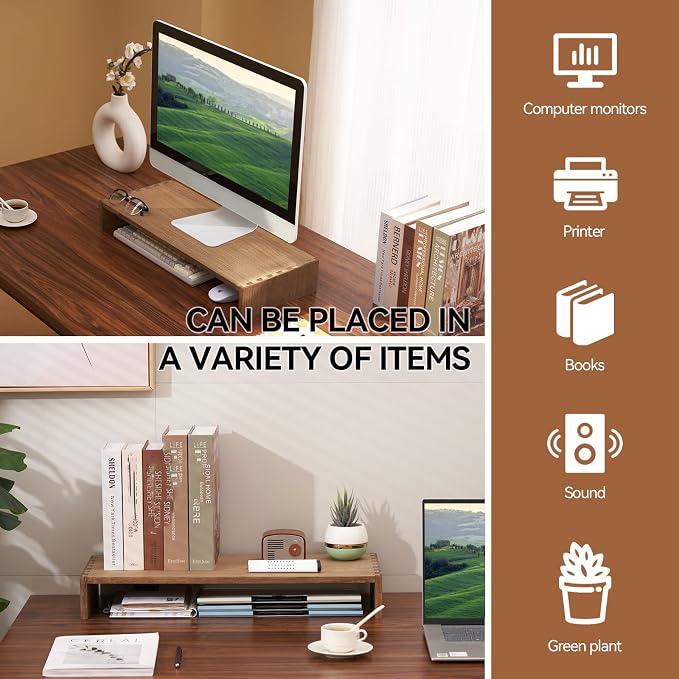 KIRIGEN Wood Monitor Stand Riser for Desk, 23.23 Inch, Brown 59-DBR | Desktop Workspace Platforms Stand Fully Assembled for Monitors, Laptops, Small TVs, or Printers for Home Office - Image 5