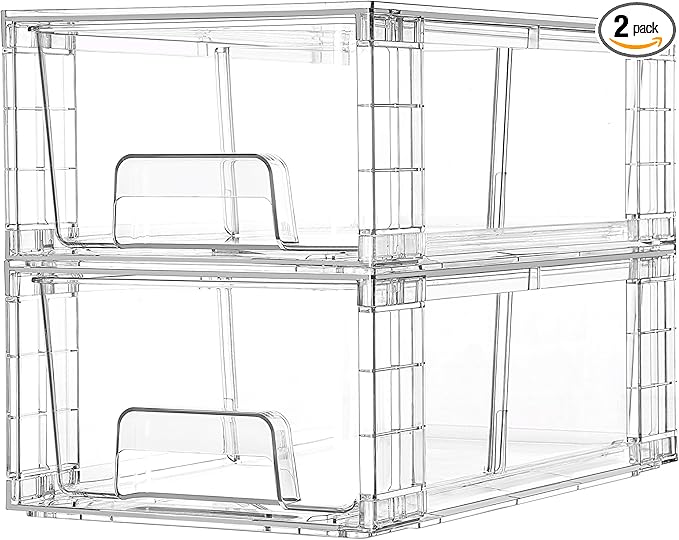 Vtopmart 2 Pack Stackable Clear Drawer with Dividers | Clear Drawer Organizers with Removable Dividers for Flexible storage. Stackable, Non-slip, for Fridge, Under Sink & Bthroom by Vtopmart