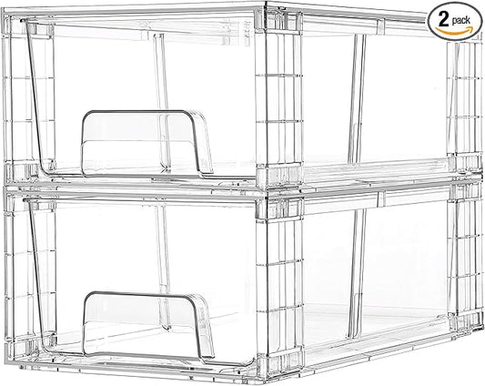 Vtopmart 2 Pack Stackable Clear Drawer with Dividers | Clear Drawer Organizers with Removable Dividers for Flexible storage. Stackable, Non-slip, for Fridge, Under Sink & Bthroom by Vtopmart