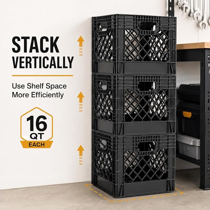 16-Quart Plastic Storage Crate with Handles, File Crate,Black(2 Pack) | Groups groceries, books, clothing, sports gear, and household supplies in a stackable 16-quart plastic crate. - Image 3