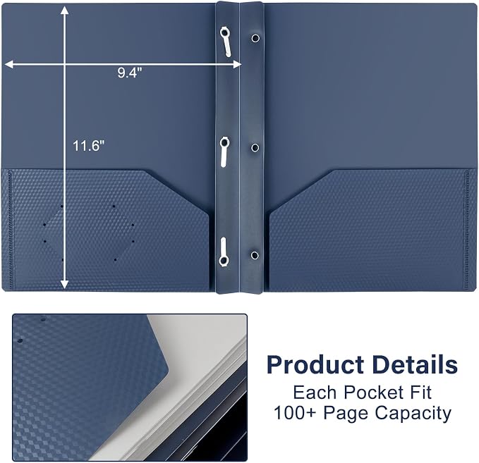 12-Pack Plastic Folders with Pockets and Prongs,2-Pocket Folders with 3 Fasteners, Poly Folders Holds 8-1/2" x 11" Paper for School/Office/Home, Blue - Image 3