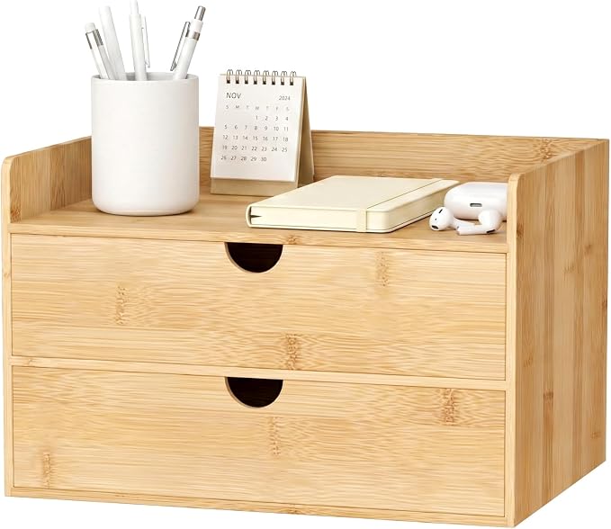 Bamboo Desk Organizer with Drawers, Desktop Storage for Office Supplies | 2 Drawers Desktop organizer, No Assembly Required, Natural Wood Wooden Desktop Drawers Box for Bills, Cosmetics, Seals, Paper - Image 8