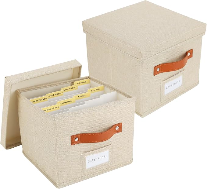 Greeting Card Organizer with dividers - Storage Box with lid Holds 150+ Cards - Assortment Box for Greeting Cards,Recipes, Photos, Envelopes, Keepsake - 9 x 9 x 7 Inches (Beige, 2 pcs) by TARSUKA
