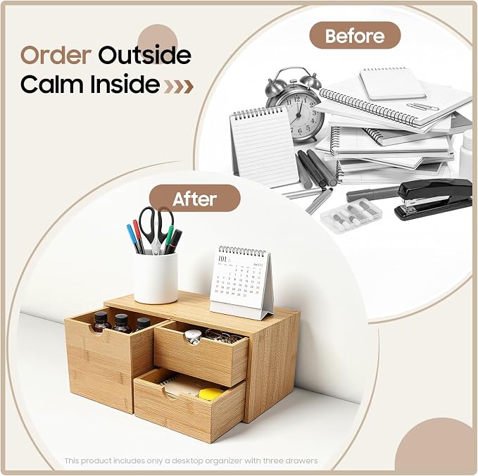 Ringmaster Bamboo Desk Organizer with 3 Drawers,Mini Desktop Organizer Drawer Tabletop Storage Organization Box for Office Home Supplies - Image 4