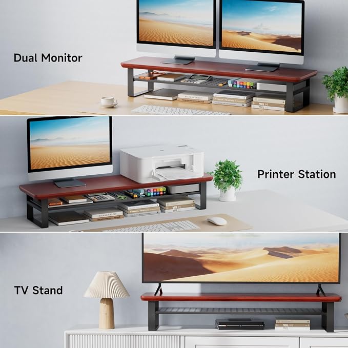 Dual Monitor Stand, 35.4 Inch Monitor Stand Riser for 2 Monitors, 2 Tiers Wood Desk Shelf with Storage, Desktop Organizer Stand for Computer, Laptop, Printer, TV - Image 7