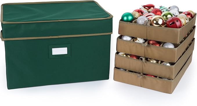 Covermates Keepsakes Adjustable Ornament Storage Box – Heavy-Duty Polyester, Padded Dividers & FlexGrid Trays – Protective Holiday Organizer with Stackable Walls & Label Window, Green by Covermates