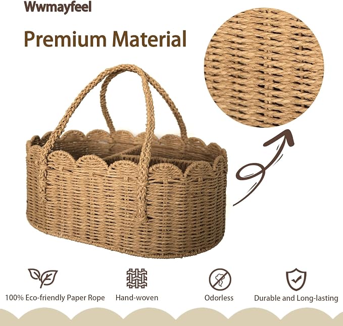 Diaper Caddy Organizer, Paper Rope Storage Baskets Nursery Bin with Removable Divider, Portable Car Organizer for Diapers, Baby Shower Gifts, Newborn Essentials Must Haves - Image 2
