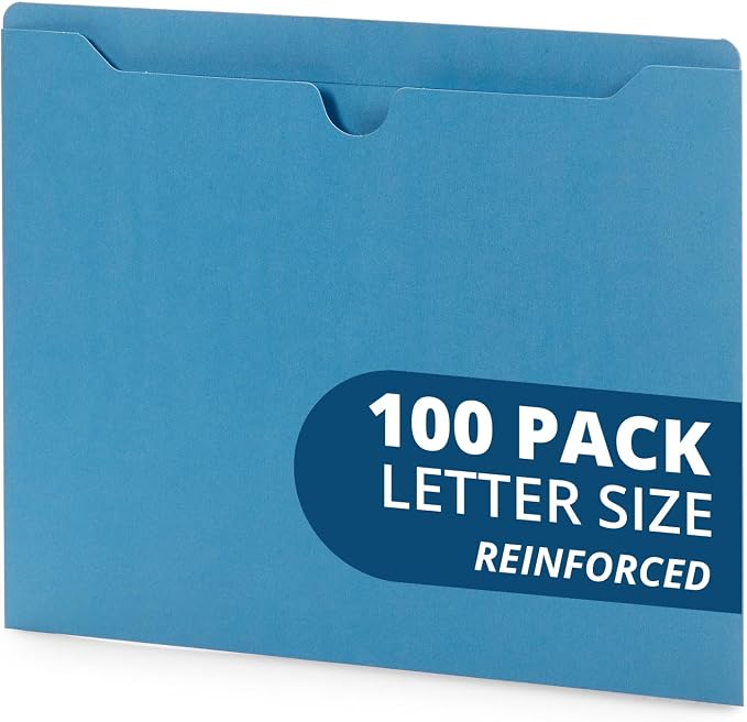 Blue Summit Supplies 100 File Jackets, Letter Size, Blue | Reinforced straight cut tab, 11pt, flat no expansion, for documents, mailing, and hanging file storage by BlueSummitSupplies