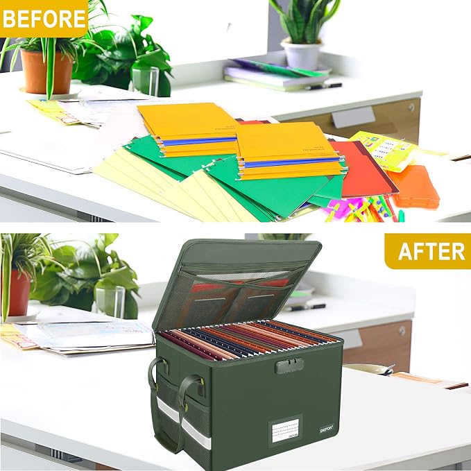 ENGPOW File Box with Lock, Fireproof Document Box with Pockets, Collapsible File Organizer Filing Storage Cabinet with Handle, Portable Home Office Safe for Hanging Letter/Legal Folders,Green,2 Pack - Image 7