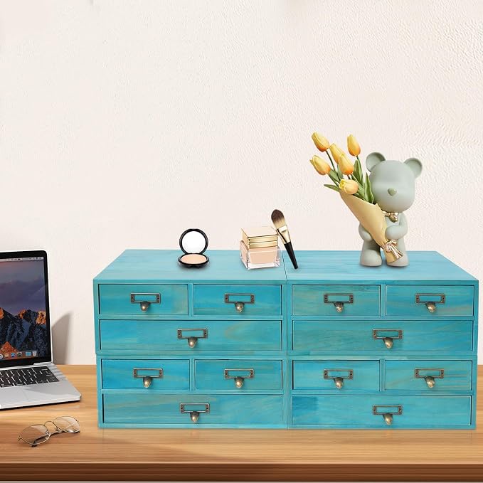 4-Piece Desktop Organizer Set with 3 Drawers, Wood & Metal Drawer Storage, Wooden Desktop Organizer for Store Cosmetics, Jewelry, Letters, Papers, Tea Bags, Sugar Packets (Blue) - Image 2