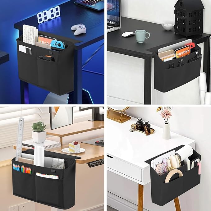 Desk Side Hanging Organizer, Adhesive Storage Bag with Pockets for Magazine Ipad Notebook, for End Tables Home Office Desks Computer Workstations Dressing Table, Black - Image 2
