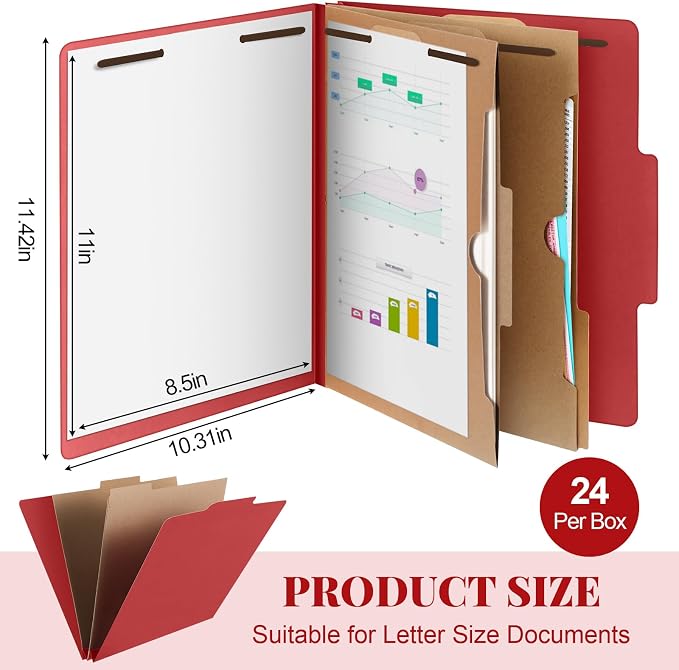24 Pcs Skyygemm Classification Folder Letter Size, 2 Pocket File,Red | Back to School Supplies, File Organizer with Fastener, Expanding File Organizer Bulk for Office Employee, Staff, Teacher - Image 2