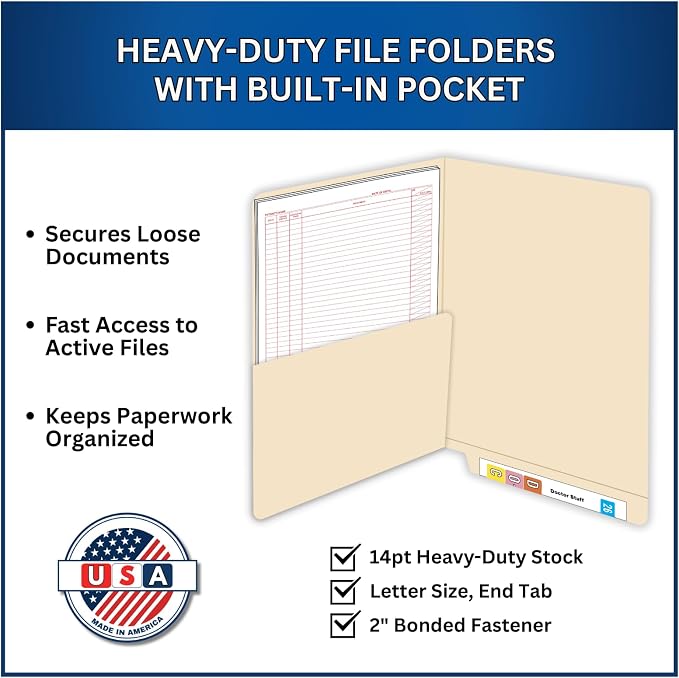 Manila Pocket File Folders, Doctor Stuff, Letter Size Reinforced End Tab Folder with 1/2 Pocket on Inside Left, 14 pt Manila Stock, Carton of 250 - Image 4