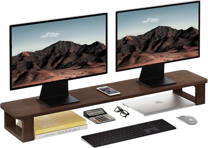 Ufine Dual Monitor Stand Riser 39.3 Inch Wood Desk Shelf Desktop Organizer | 2 Heights Adjustable, Ergonomic Computer Monitor Stand for 2 Monitors, Laptop, TV, Printer by Ufine