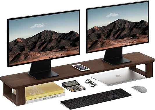 Ufine Dual Monitor Stand Riser 39.3 Inch Wood Desk Shelf Desktop Organizer | 2 Heights Adjustable, Ergonomic Computer Monitor Stand for 2 Monitors, Laptop, TV, Printer by Ufine