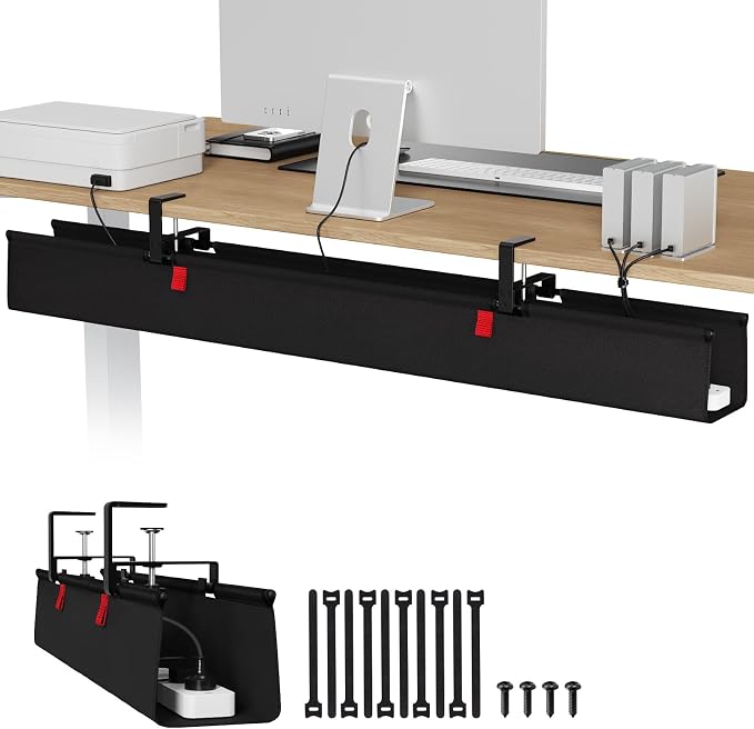 Univivi No Drill Under Desk Cable Management Tray, 48 inch Cable Management | Clamp/Screw Mount Desk Cable Organizer, Premium Fabric Cable Management Tray, Large Capacity Cord Organizer for Office, Home by Univivi