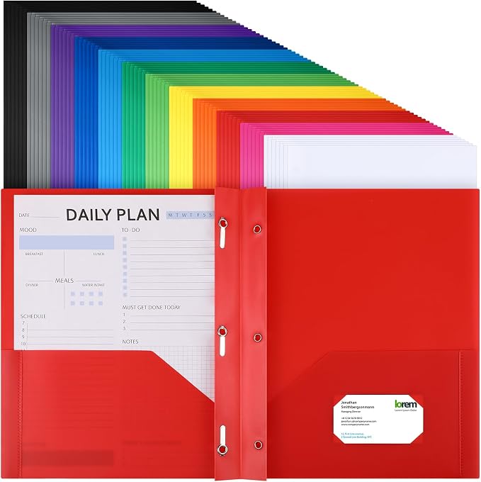 Cholemy 72 Packs Pocket Folders with Prongs Heavy Duty Plastic Folder with Business Card Slot 3 Prong Fasteners for School Office (Rainbow) by Cholemy