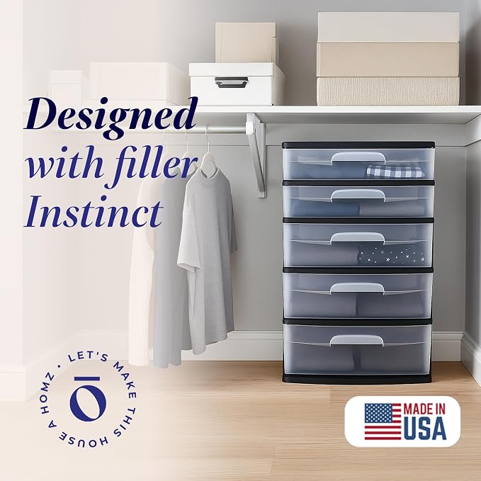 HOMZ Drawer Tower, 5-Tier Storage Organizer Unit, Black Frame | Extra-Wide Plastic Organizer with Clear Bin Drawers for Bedroom, Bathroom, Home Office, and Dorm Rooms - Image 3