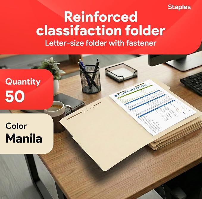 Staples Reinforced Tab Fastener Folder, Letter Size, Manila Pressboard | Durable construction with metal fasteners for secure document filing. 50/Pack. - Image 2