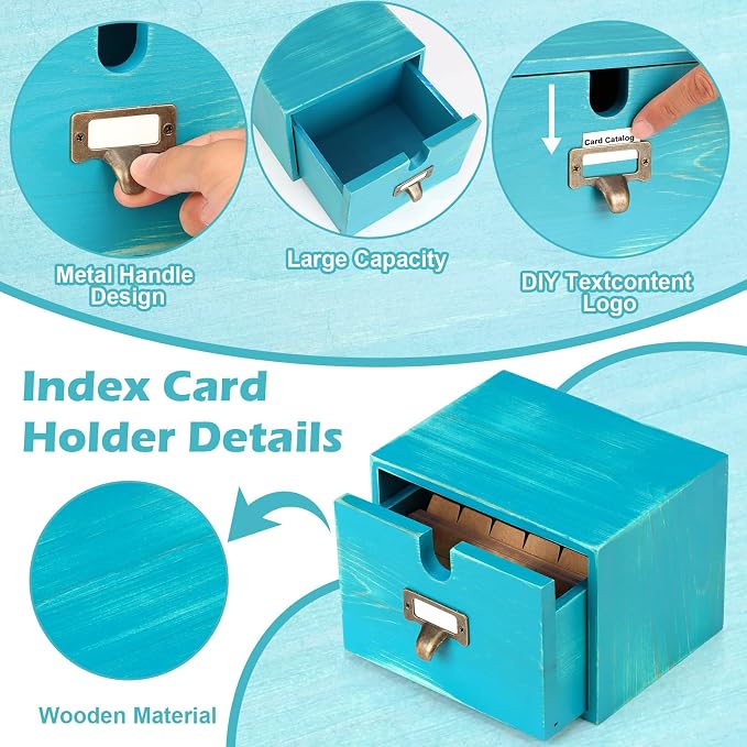 Blue 3x5 Index Card Holder with Drawer Wooden Index Card Box Vintage Card Catalog Box 30 Vintage Library Note Cards 5 Kraft Dividers for School Office Dorm Room Bedroom - Image 3